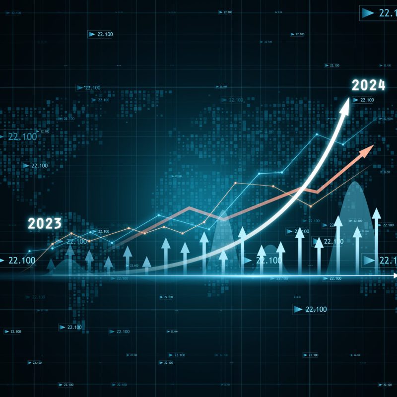 Global stock market and economy growth concept with digital rising up arrow and financial chart candlestick and diagram on dark world map background with indicators. 3D rendering