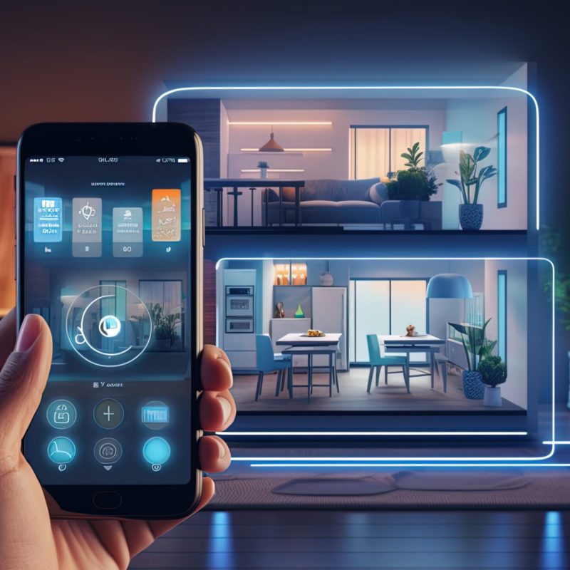 Graphics of a hand that includes a smart house from a phone that creates a virtual cozy space.