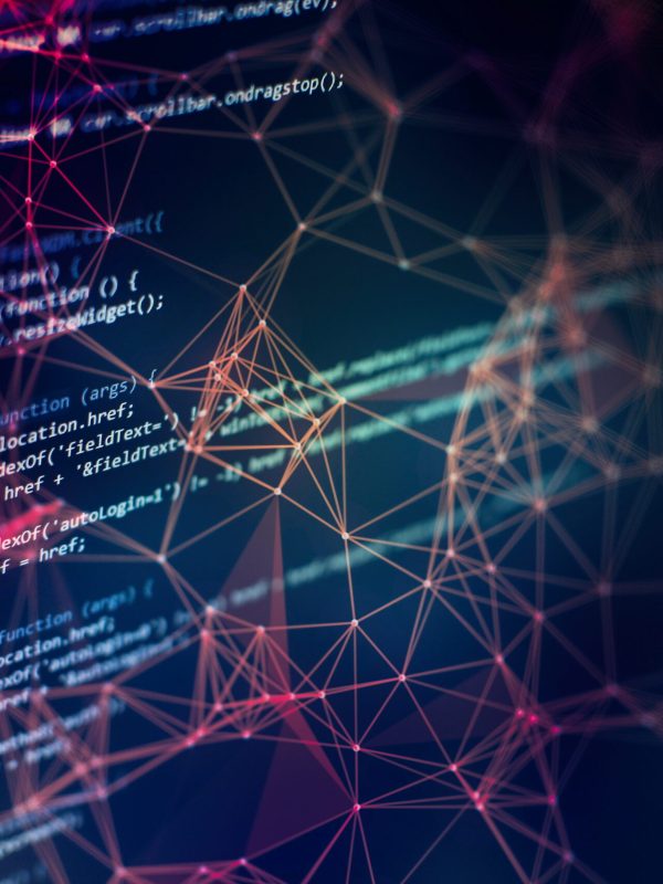 Desktop PC monitor photo. Javascript functions, variables, objects. Project managers work new idea. Future technology creation process.